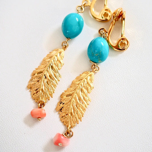 turquoise + feather + coral earrings