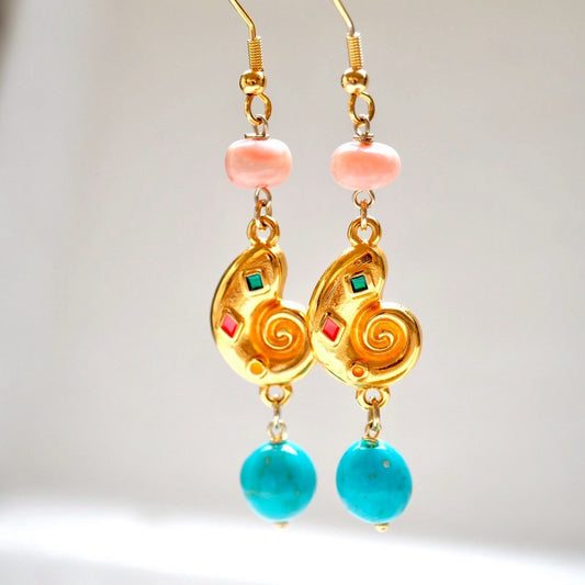 pink topaz + conch shell + turquoise pierce